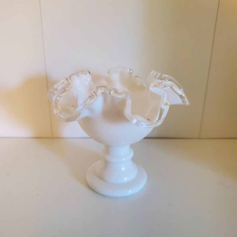 Vintage Fenton Milk Glass Ruffled Candy Dish Silver Crest